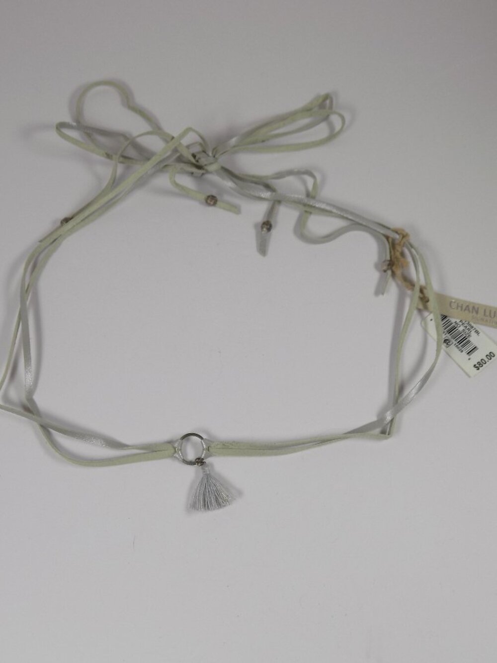 Chan Luu Leather Choker Necklace Pearl Gray Adjustable self-Tie Tassel 40"
